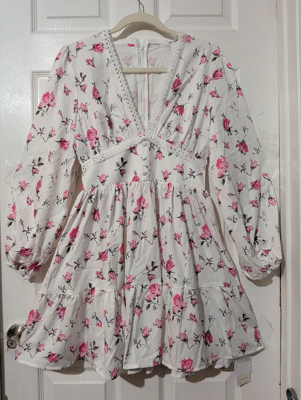 Commense Long Puff Sleeve V Neck Floral Print Short Mini Dress - Picture 5 of 13